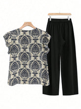 Printed Ruffled Cap Sleeve Top and Pants Set OutfitFlow